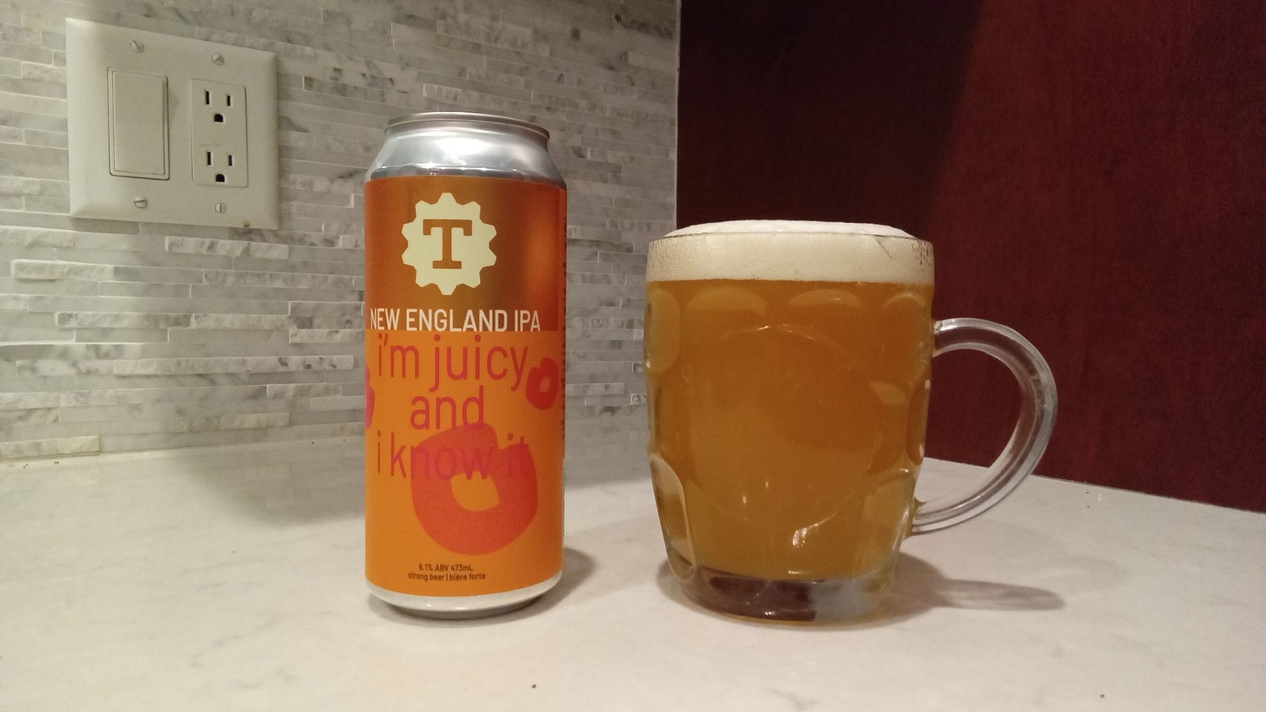 Taylight "I'm Juicy and I Know It" NE IPA. My favourite BC Craft Beer of 2023 pours hazy and golden, with a thick head that carries, what else, juicy aromas and flavours.